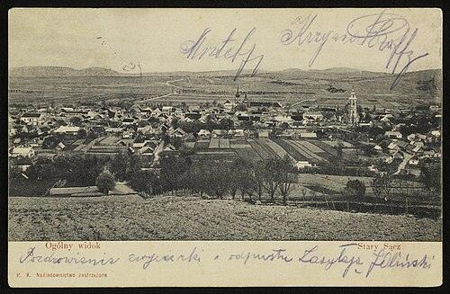 Ogólny widok Starego Sącza na pocztówce sprzed 1905 r. – miasteczko w widłach Dunajca i Popradu